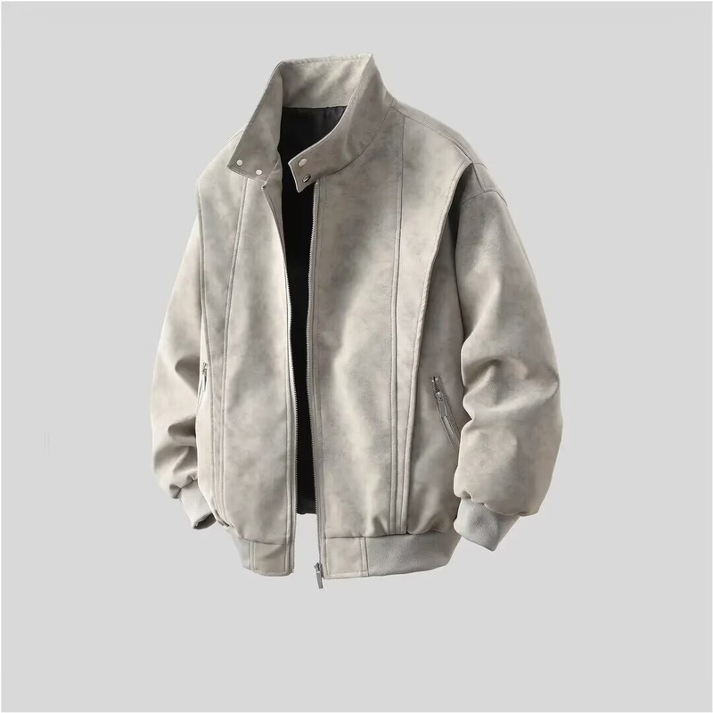 American Retro Style Deconstructed Stand-Collar Jacket for Men, Spring and Autumn Season, High-End Cool Biker Loose-Fitting Pilot Jacket