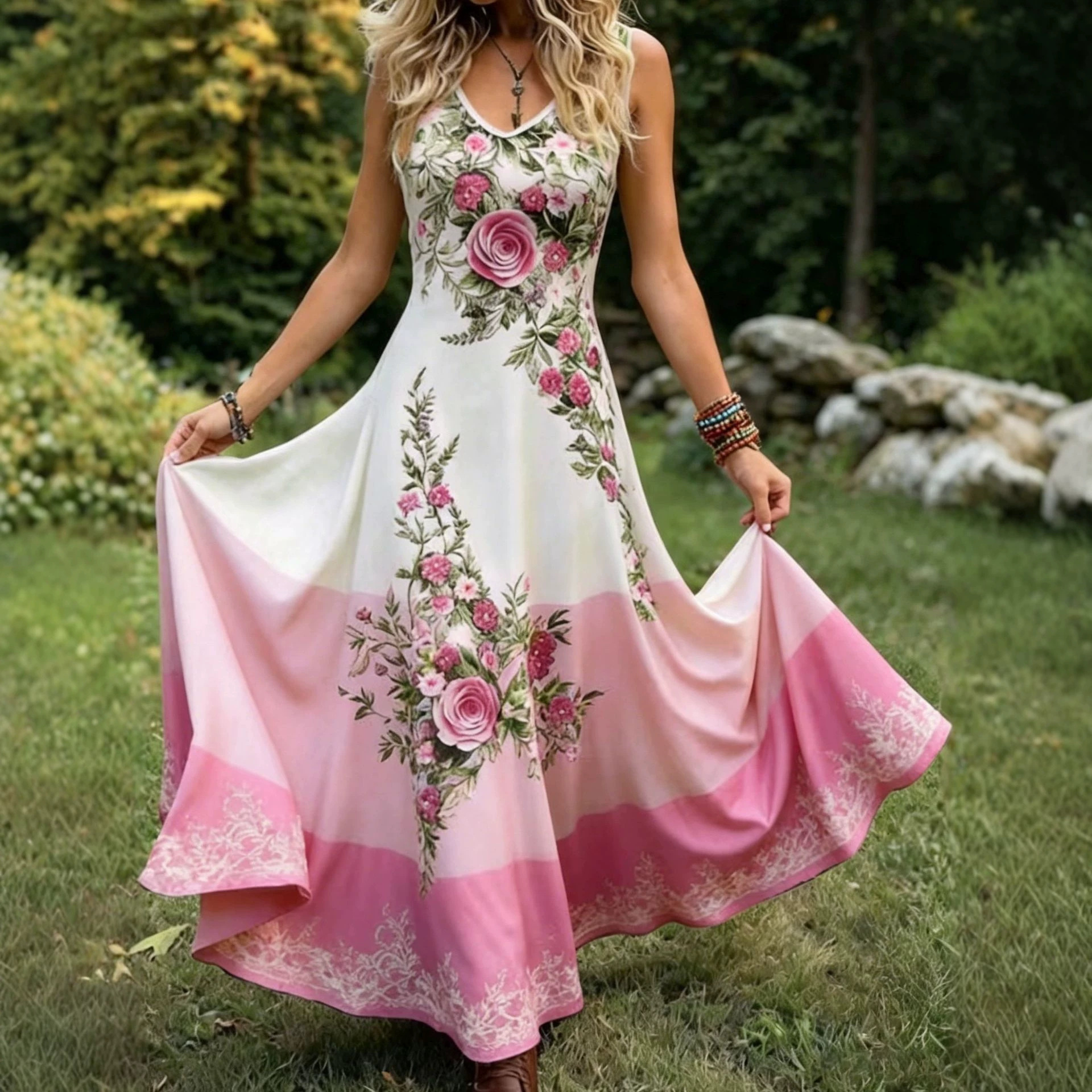 Summer New Style Off-White Color-Block Ethnic Style Sleeveless Long Dress with Vintage Totem Print V-Neck Dress Direct from Manufacturer