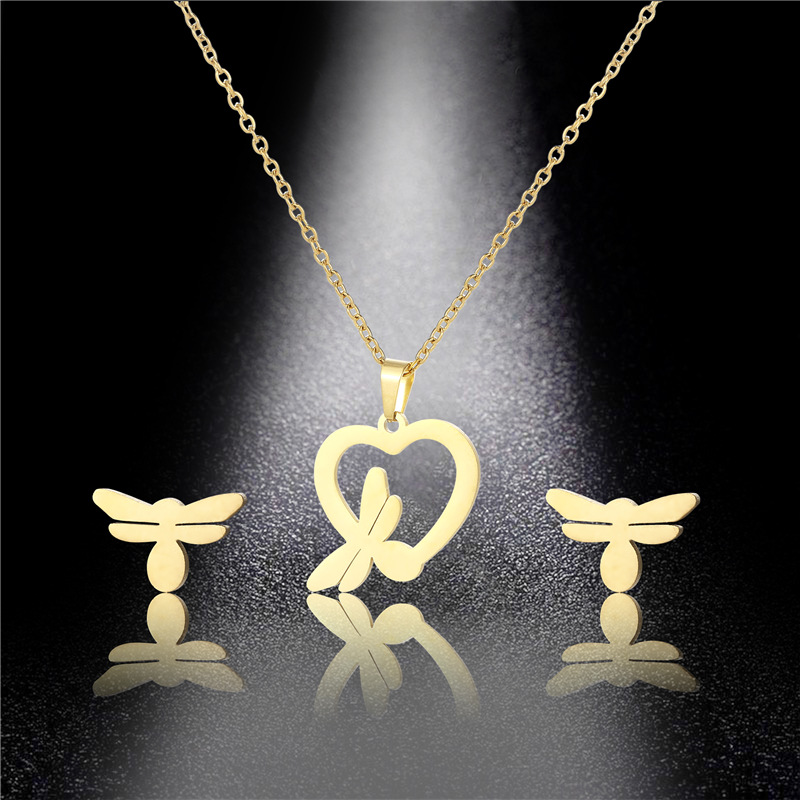 Fashion Heart-shaped Dragonfly Stainless Steel Earrings Necklace Set