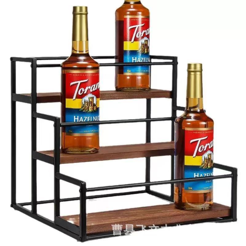 Simple Household Wooden Wine Display Rack Ladder-Type Iron Combined Storage Rack Kitchen Multi-Layer Wooden Storage Rack