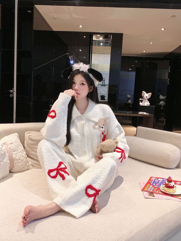 秋冬季半边绒睡衣女复古条纹红色本命年家居服开衫软绵绵加厚睡衣|undefined