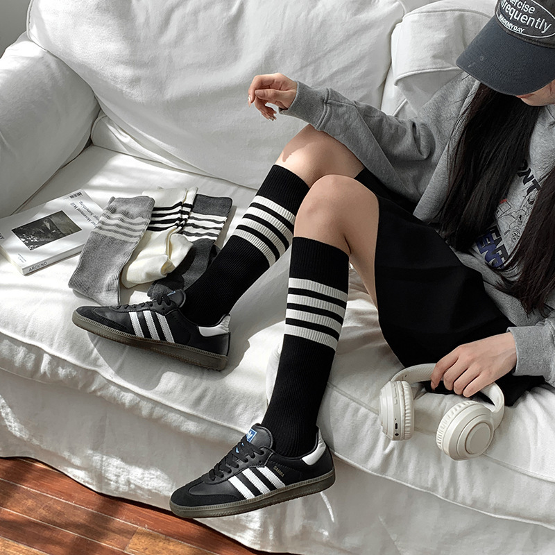 College-style Trendy Socks Women's Autumn Four-bar Striped Calf Socks Double-pin Striped Knee-length Socks Stacked with Cotton College-style Trendy Socks Women's Autumn Four-bar Striped Calf Socks Double-pin Striped Knee-length Socks Stacked with Cotton