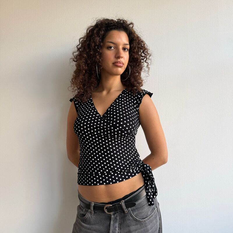 2025 Polka Dot Striped V-Neck Short-Sleeve Top European and American Style Side Tie Cropped Artistic Retro Women's Casual Versatile Top