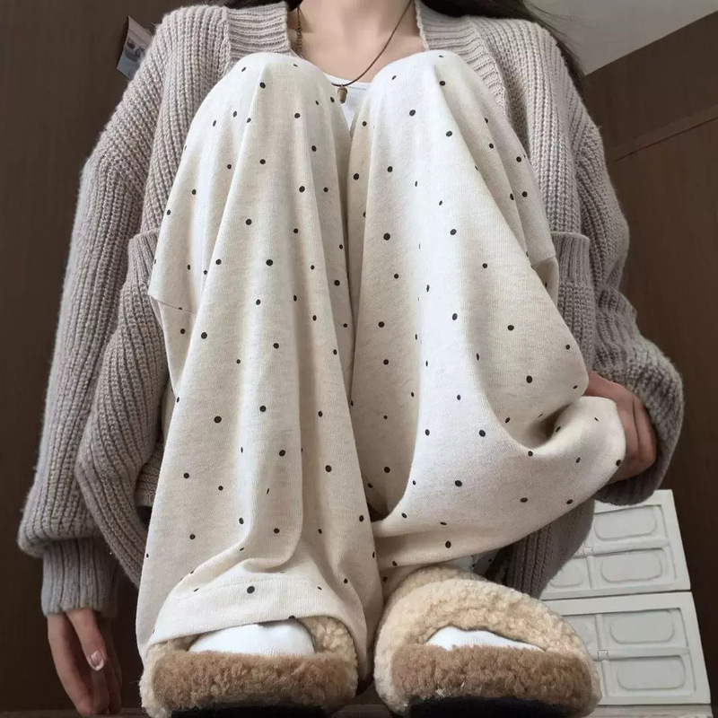 Off-White Polka-Dot Glutinous Rice Pants for Women, Autumn Style, Lazy, High-Waisted, Casual, Soft and Waxy Wide-Leg Pants for Small People, Walking Pants