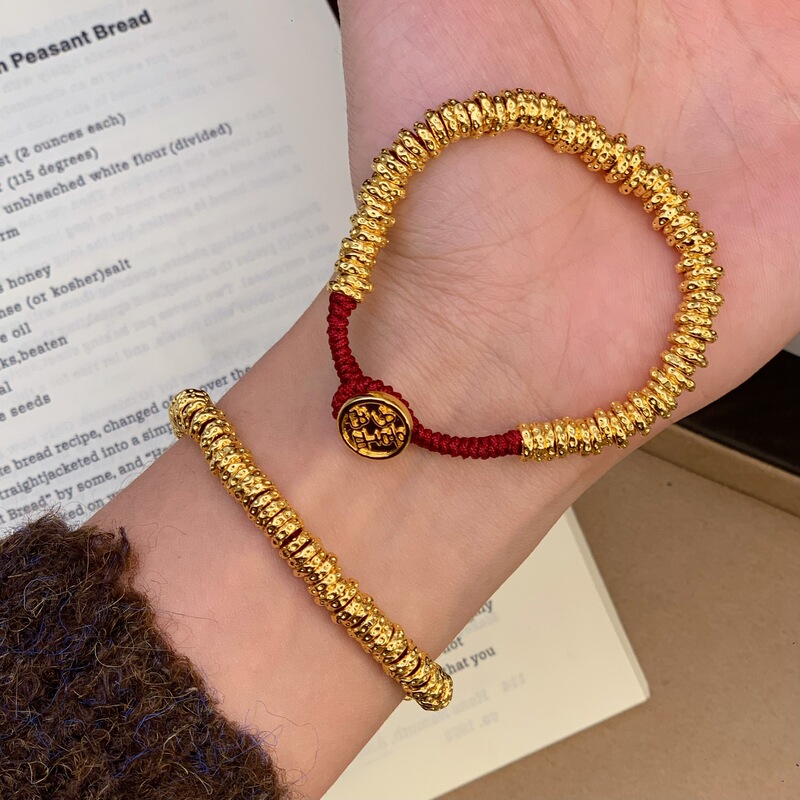 24K Gold-Plated Strong Color-Retaining New Chinese Style Handmade Hammered Texture Twisted Money String Red Rope Bracelet for Women 24K Gold-Plated Strong Color-Retaining New Chinese Style Handmade Hammered Texture Twisted Money String Red Rope Bracelet for Women