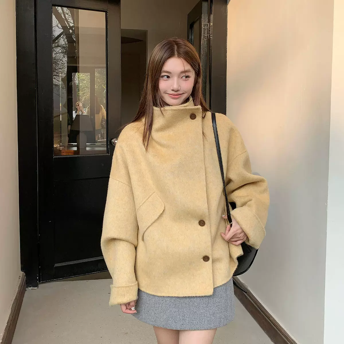 JKQ012小个子宽松双面手缝短大衣女日常百搭毛呢外套气质显高