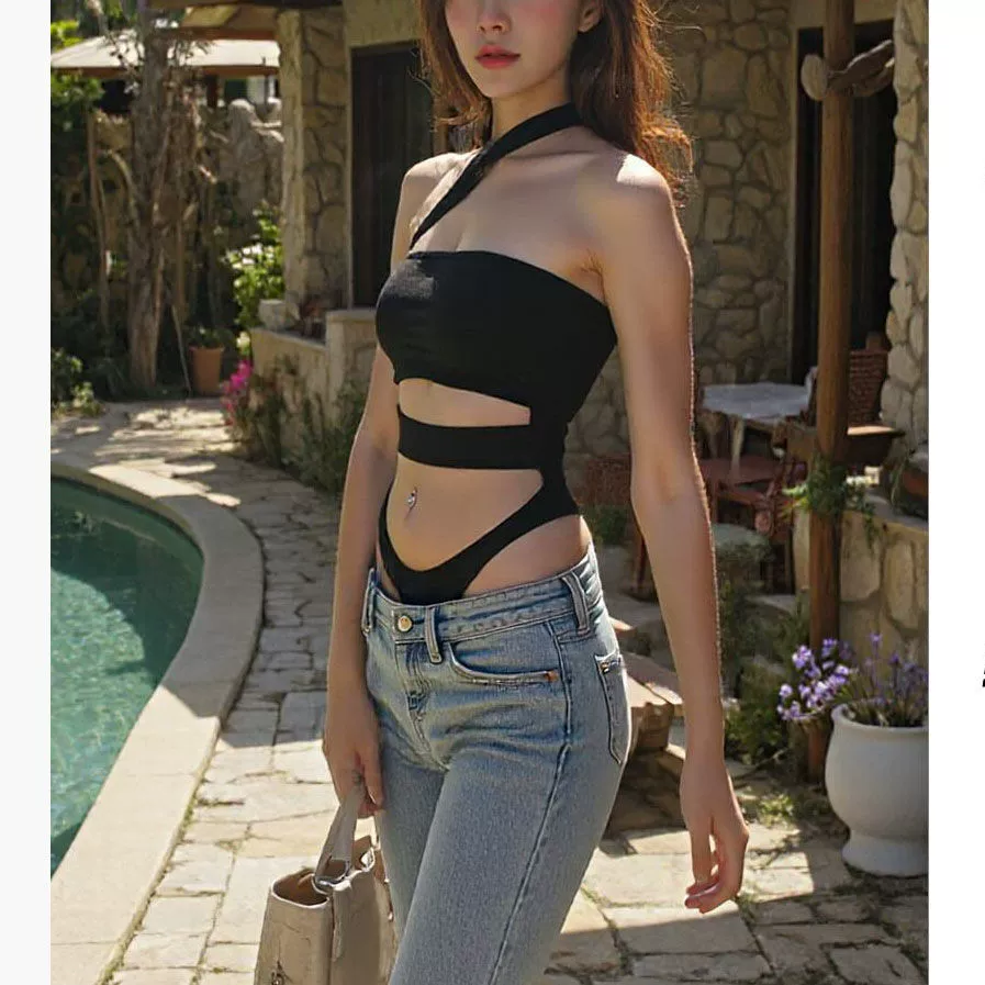 Сексуальная горячая девушка раскрывает циничную личность, непристойную и преувеличенную одежду для свиданий, хитроумный комбинезон с открытой спиной и вырезом без промежности.