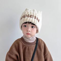 儿童帽子耳朵可爱毛线帽加绒厚防风学生套头帽刺绣字母宝宝针织帽