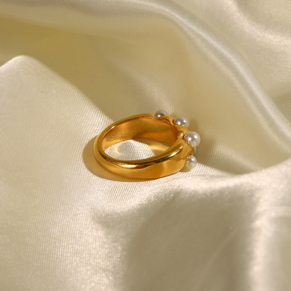 Fashion Geometric Titanium Steel Inlay Artificial Pearls Rings 1 Piece