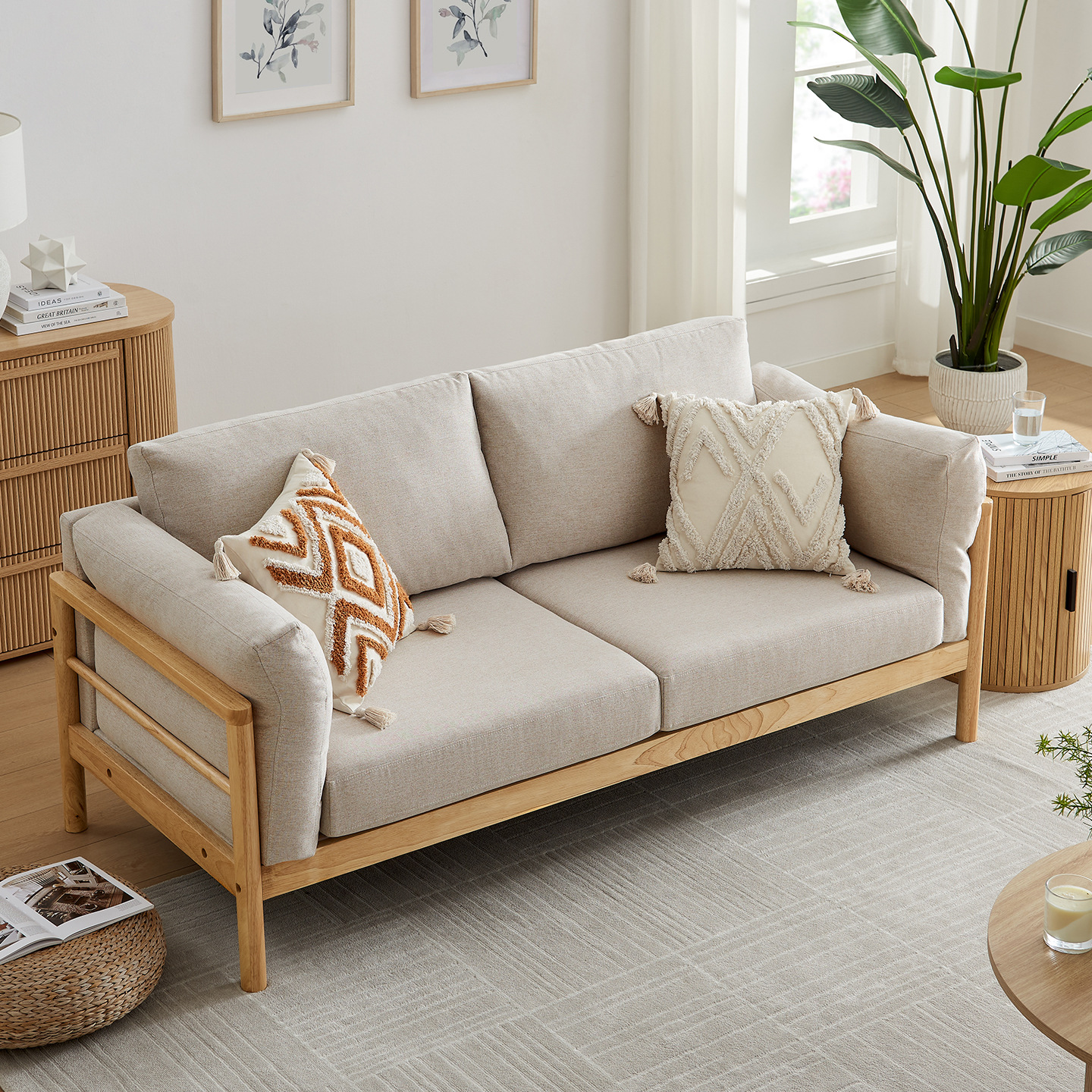 Japanese-Style Solid Wood Sofa for Living Room, Small Apartment, Three-Seater, Removable and Washable, Nordic Minimalist Fabric Sofa for Homestay