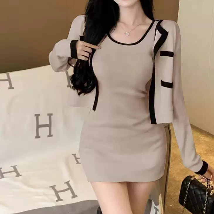 小香风撞色修身背心连衣裙甜辣风包臀短裙假口袋针织开衫两件套装