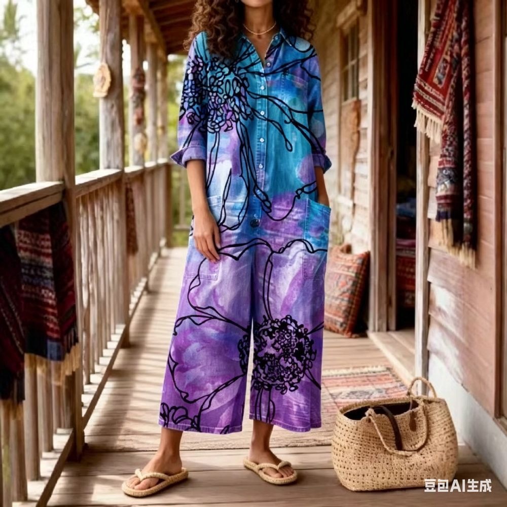 Bohemian style blue-purple gradient floral collar long-sleeved jumpsuit wide-leg pants women's casual workwear jumpsuit