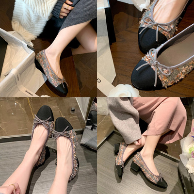 111-1惠东易鑫达法式晚风粗花呢平底高粗跟蝴蝶结单鞋女秋冬新款|ru