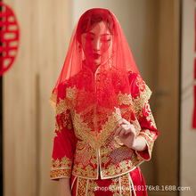 新娘紅蓋頭秀禾服頭飾結婚中式頭紗半透明紅色網紗正方形蒙面頭巾