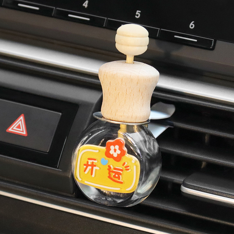 Clip de aromaterapia de coche, texto auspicioso, botella vacía, botella volátil, decoración de salida de aire de coche, fragancia de coche linda de dibujos animados