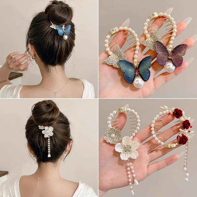 Nuevo estilo chino mariposa botón de cabello para mujeres de alta calidad flores de perla clips de cola de caballo lujoso clips de agarre de cabeza posterior falda de caballo adornamiento para el cabello
