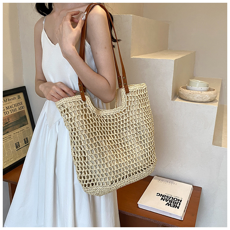 Seaside vacation 2024 new summer grass commuting tote bar large capacity handmade woven bag_voghion.com