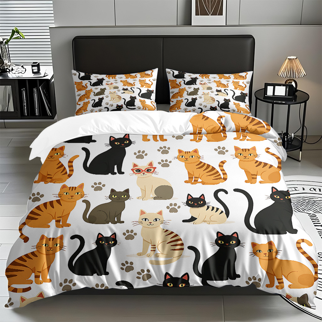 Transfronterizo textil doméstico molido caricatura gatito impresión digital suave permeable colcha colcha set fuente fábrica Temu / JIT