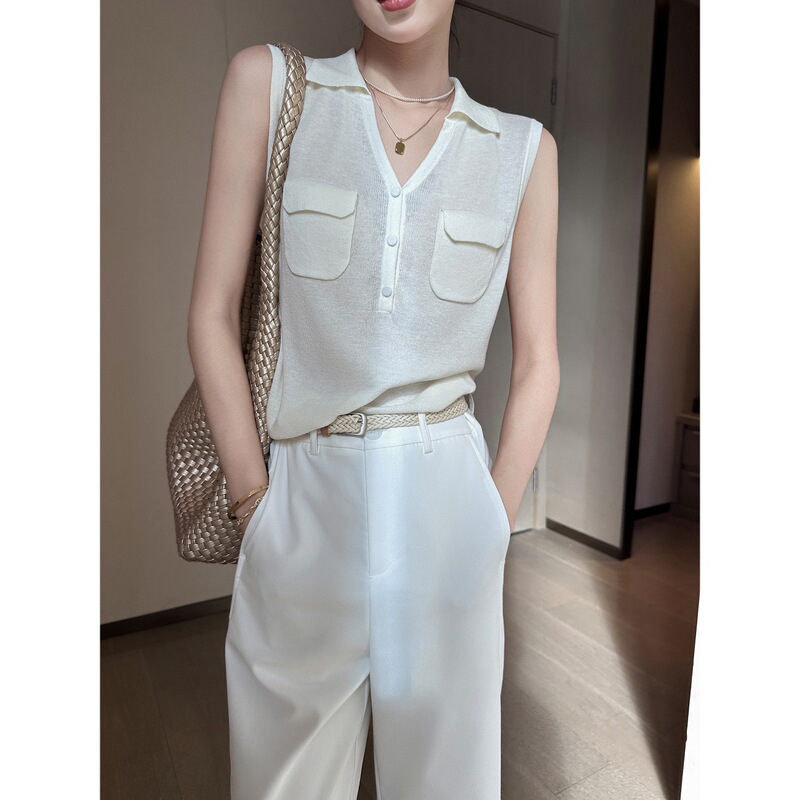 White Retro Sleeveless Polo Linen Knit Top for Women, Summer 2025 New Simple Fashion High-End Vest