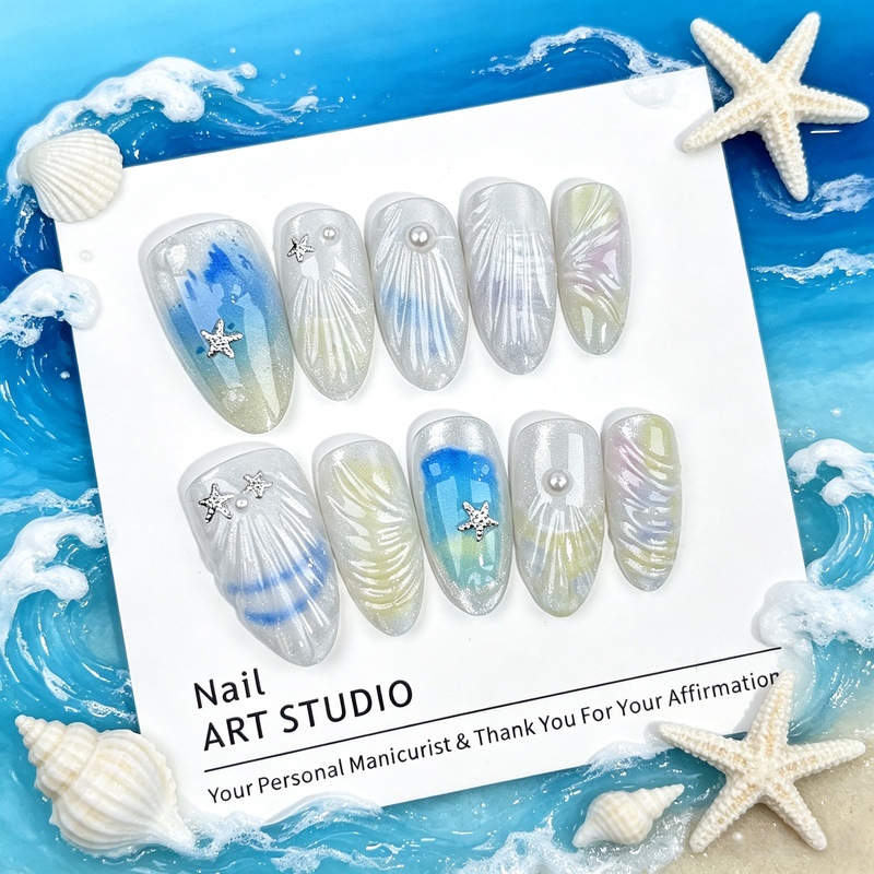 3D Gel Shell Ice Transparent Wearable Nails Almond-Shaped Glass Beads Cat Eye Exquisite Cross-Border Hot-Selling Internet Celebrity Nail Stickers