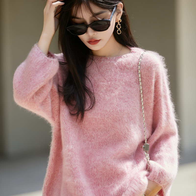 法式无缝花纱拉绒羊毛衫女宽松慵懒毛衣2025秋冬打底衫女装上衣|undefined