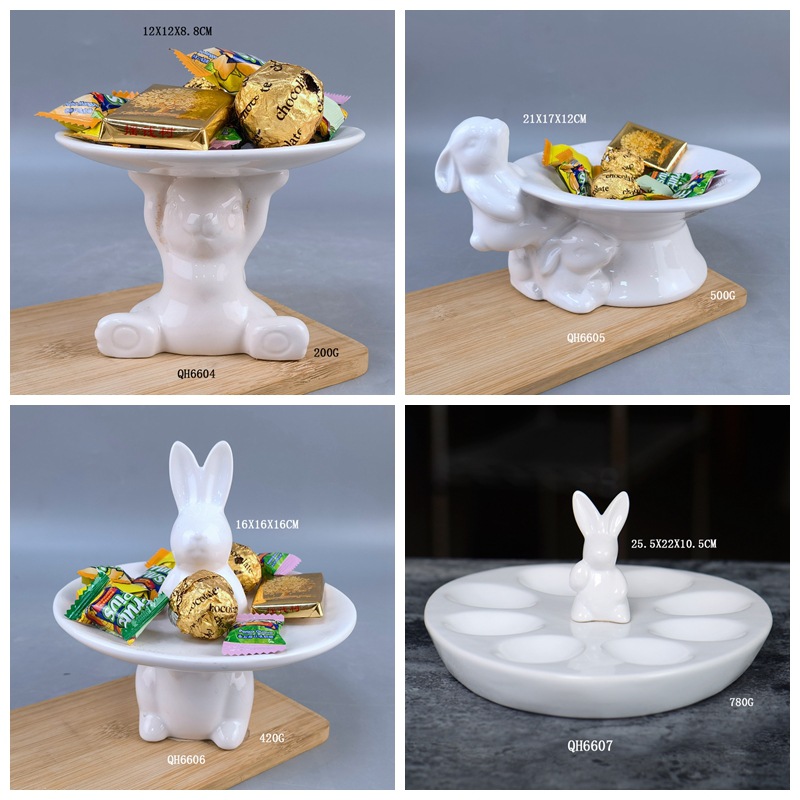 Plato de cerámica para pastel de conejito de Pascua, portavasos de cerámica con forma de huevo, bandeja para huevos con forma de conejito, plato para huevos, plato para dulces, cerámica hecha a mano