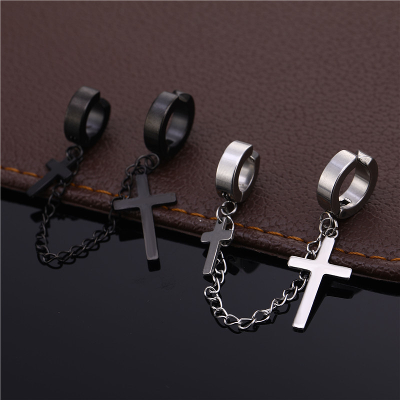 Men's Black Silver Stainless Steel Chain Pendant Cross Earrings C-Shaped Clip On Jewelry_voghion.com