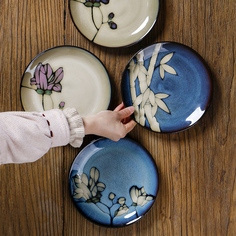Japanese-Style Ceramic Plate Round Flat Plate Household Underglaze Colorful Dish Plate Snack Plate Breakfast Plate 8 Inch Vintage Fruit Plate