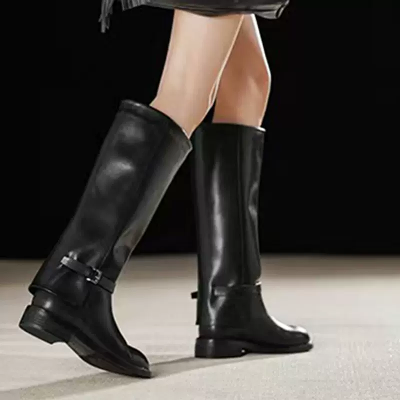 欧美气质显瘦皮带扣骑士靴女2025新款真皮不过膝长靴高筒靴裤管靴