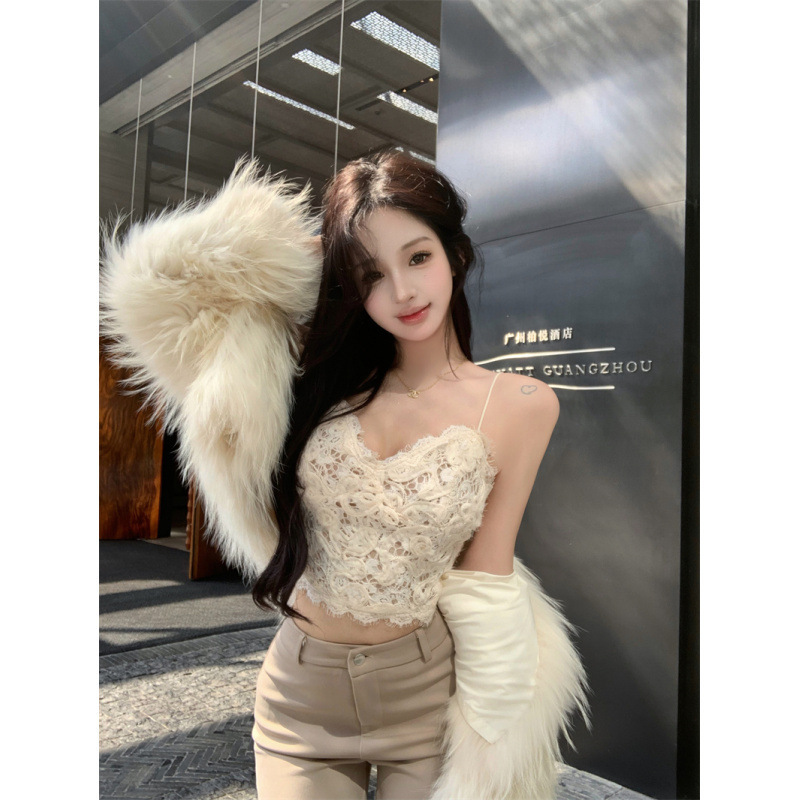 昕可达 蕾丝灰色重工盘带绣吊带背心女气质感短款上衣|undefined