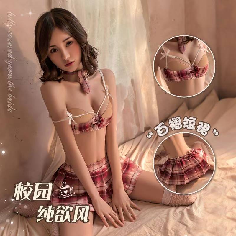 JK Uniform Lingerie Set with Tie, Top and Mini Skirt in Purple Polyester — detail image 1