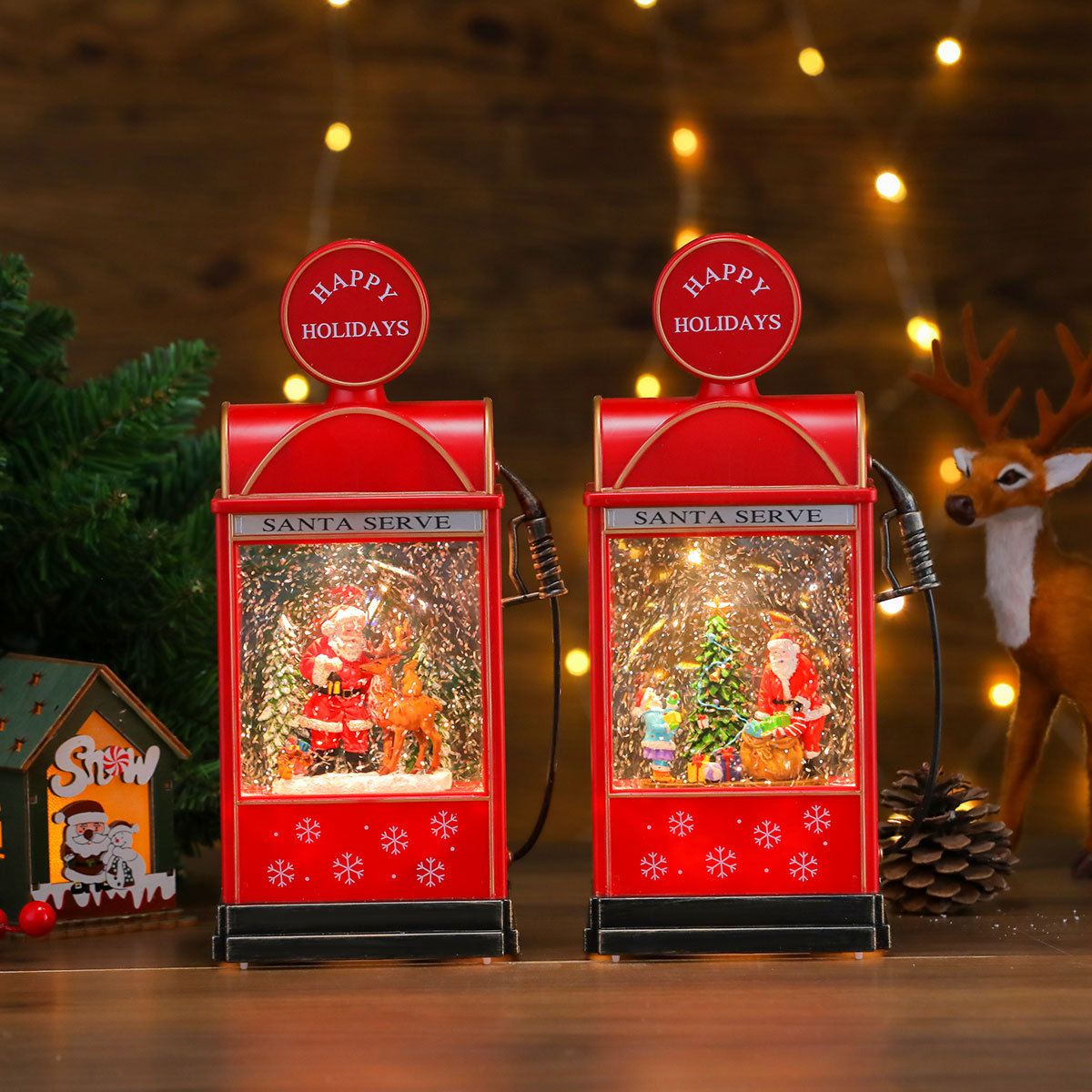 Creativo, luminoso, rociador de nieve, adornos, luces de noche, decoraciones navideñas, caja de música de regalo de Navidad
