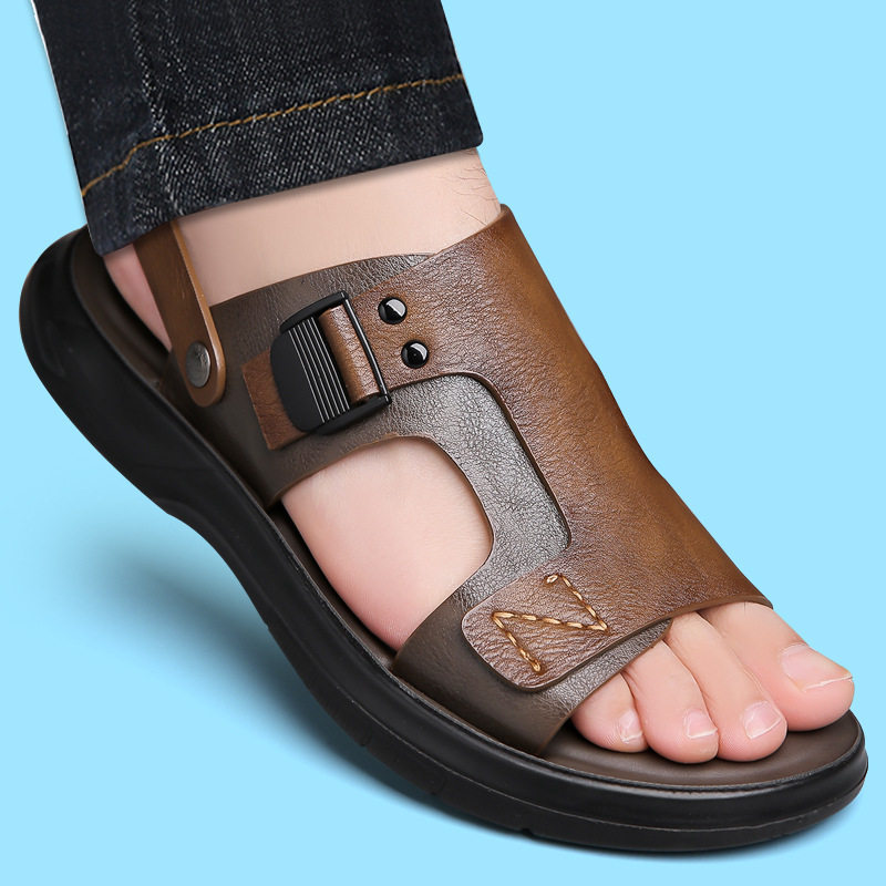 Dép sandal nam quai ngang đế mềm lót cao su non, đi biển và lái xe đa năng — Màu nâu, màu xám