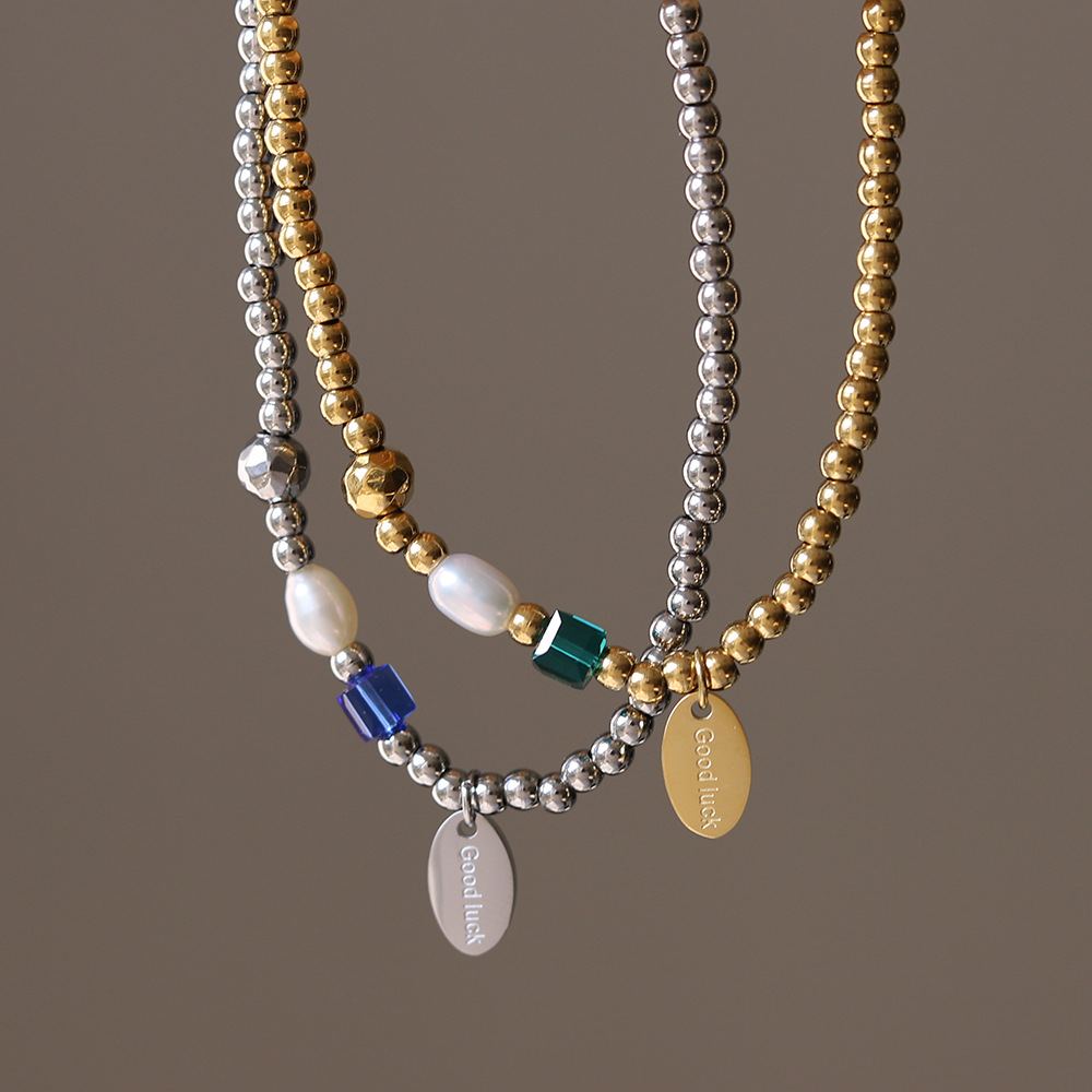 Sl028 Good Luck English Pearl Crystal Klein Blue Square Stretch Bead Bracelet Women's Student Titanium Steel