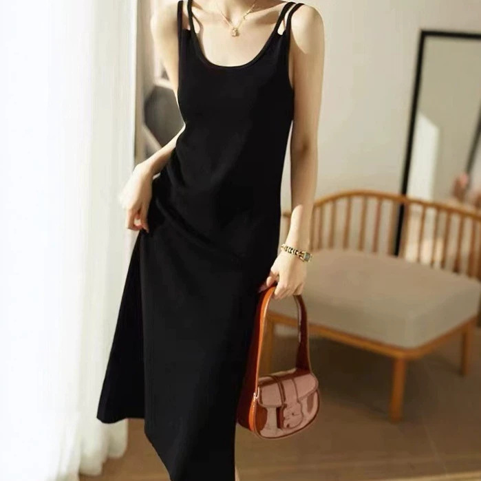 Đầm suông midi cổ yếm dây mảnh phong cách Pháp vintage — đen