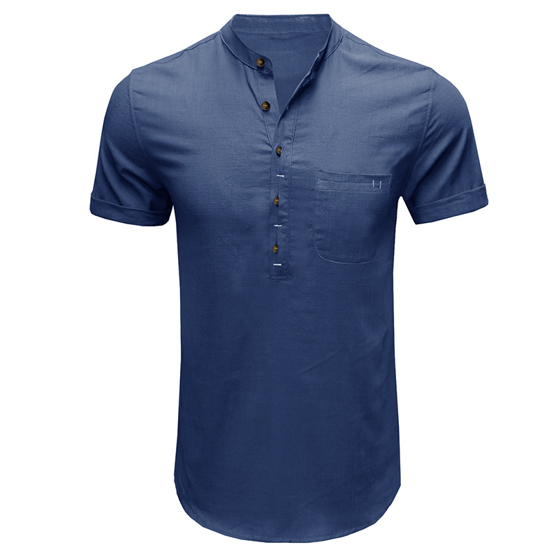 Ropa de hombre transfronteriza de comercio exterior Camisa de manga corta de bolsillo de color sólido con cuello Henry Amazon Camisa de algodón y lino de hombres europeos y americanos al por mayor