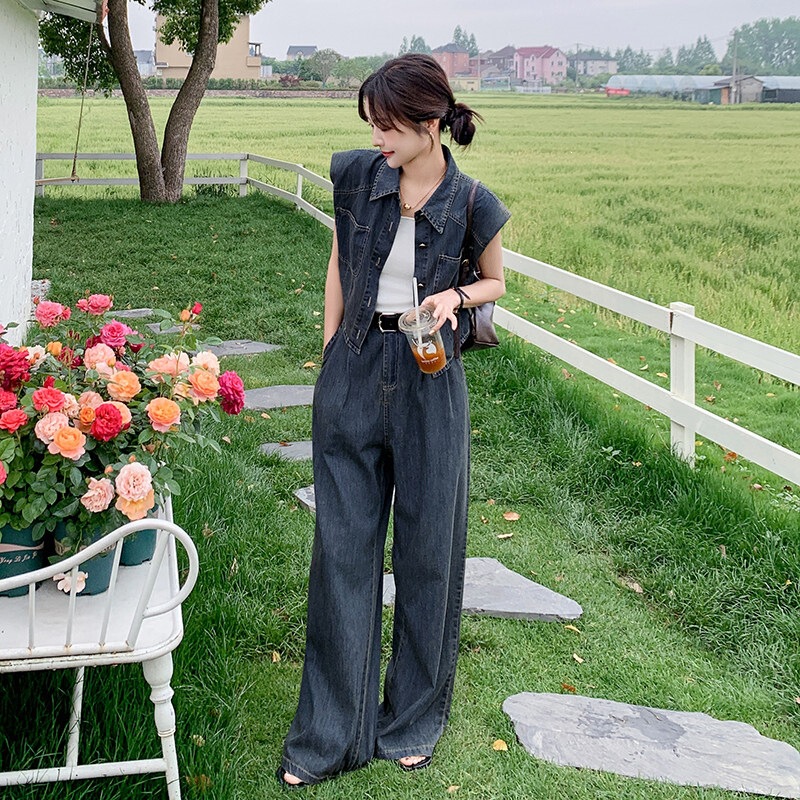 Denim Vest and Wide-Leg Pants Set for Women, Summer Thin Style, 2026 New Model, Casual Salt-Style Two-Piece Set