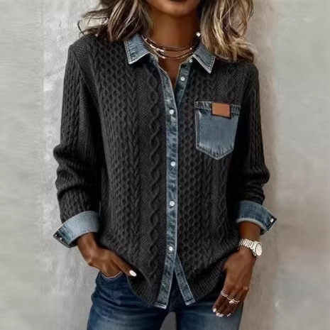 2025 New European and American Style Knitted Patchwork Denim Shirt for Women, Fashionable and Versatile Long-Sleeve Cardigan Jacket for Autumn and Winter 2025 New European and American Style Knitted Patchwork Denim Shirt for Women, Fashionable and Versatile Long-Sleeve Cardigan Jacket for Autumn and Winter