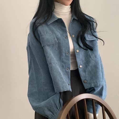 Chic Korean Autumn/Winter Loose Matchable Single Button Collar Short Length Corduroy Shirt Drawstring Jacket for Women Fashion