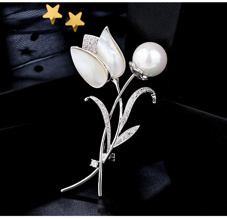 Tulpenblüten Perlenbrosche Für Herren, Elegante Kristallnadel_voghion.com