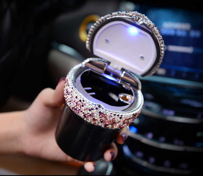 Car Ashtray with Led Light Luminous Multifunctional Ashtray Car Personalized Covered Car Interior Decoration with Diamond