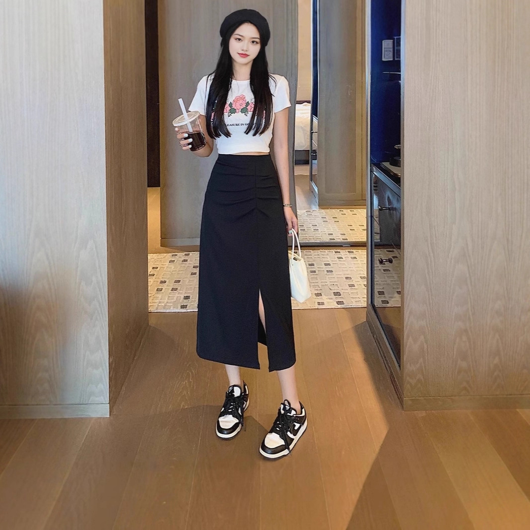 Irregular Pleated New Suit Skirt for Women, Thin Slimming Look Hip-Hugging Skirt, Mid-Length Versatile Slit A-Line Skirt