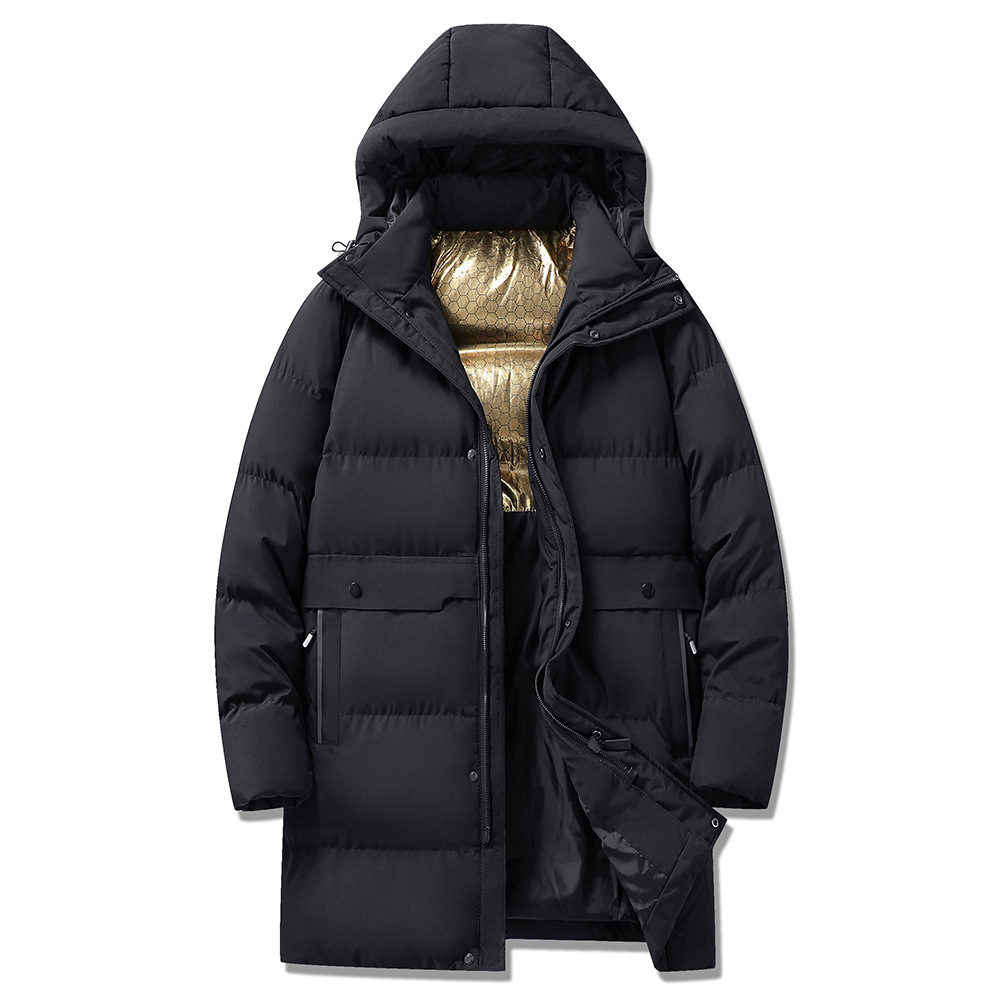 Otoño y invierno hombres encapuchados pico esquí al aire libre caliente algodón medio largo traje de esquí de grafeno grande algodón