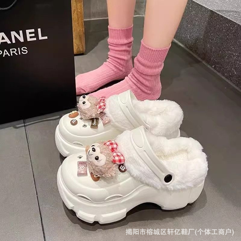 加绒可拆洗洞洞鞋女秋冬季可爱达菲熊diy棉拖鞋小个子增高棉鞋潮