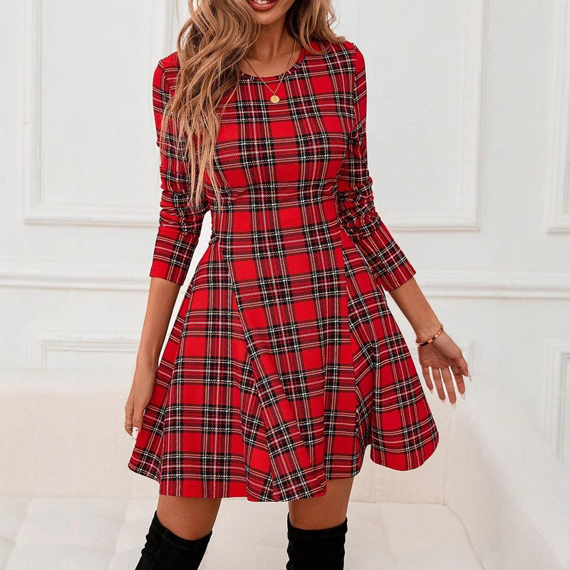Autumn and Winter Round Neck A-Line Plaid Print Casual Formal Mini Women's Dress