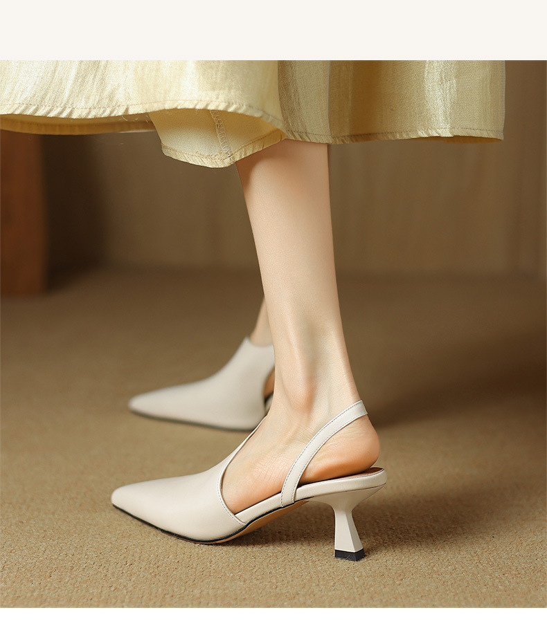 Giày sandal cao gót nữ mũi nhọn kiểu Pháp, da bò thật, gót mèo, hở mũi hở lưng — đen chi tiết 11
