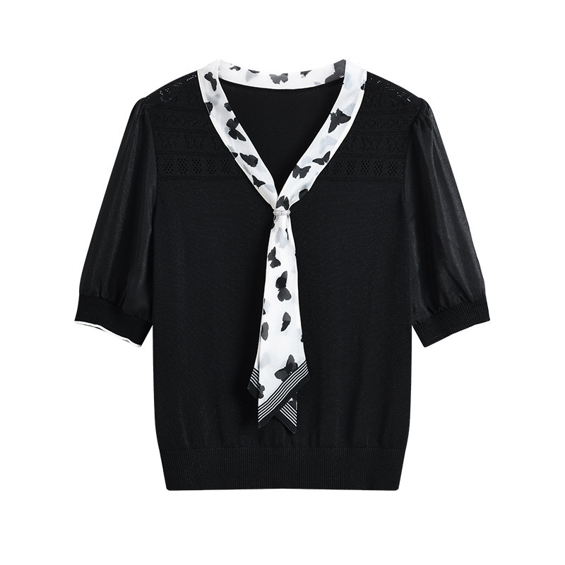 French-Style Fashionable Polka Dot Tie-Neck Knit Sweater for Women, 2026 Summer New Loose-Fitting Slimming Commuter Top