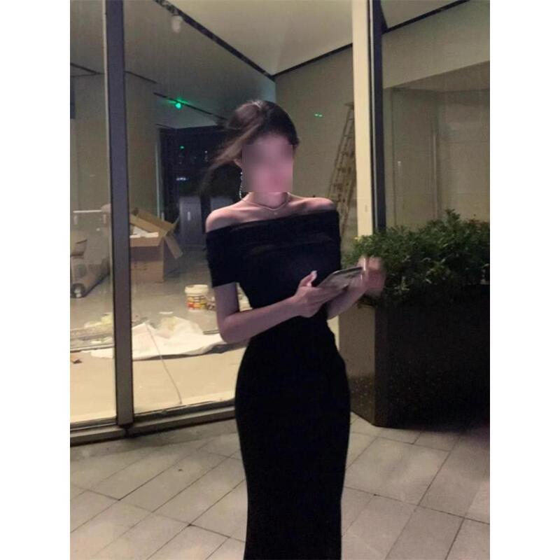 Black Hepburn Style One-Shoulder Dress for Women, Summer Sexy Hip-Hugging Skirt, Cool Royal Sister Sexy Off-Shoulder Long Skirt