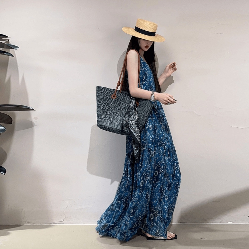 Summer Dark Blue Floral Dress Suspender Long Skirt Tall Plus Long Style Seaside Photo Vacation Beach Fairy