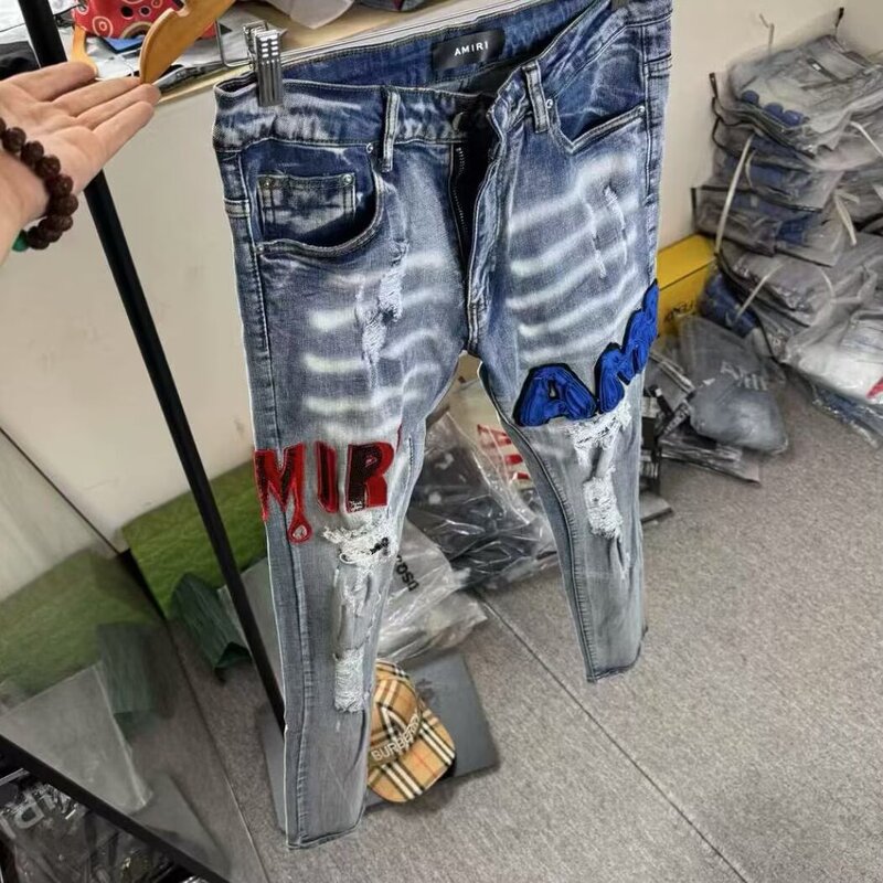 Sequined Am Ripped Jeans Versatile Slim-Fit Skinny Pants Trendy Non-Genuine Amiri Jeans